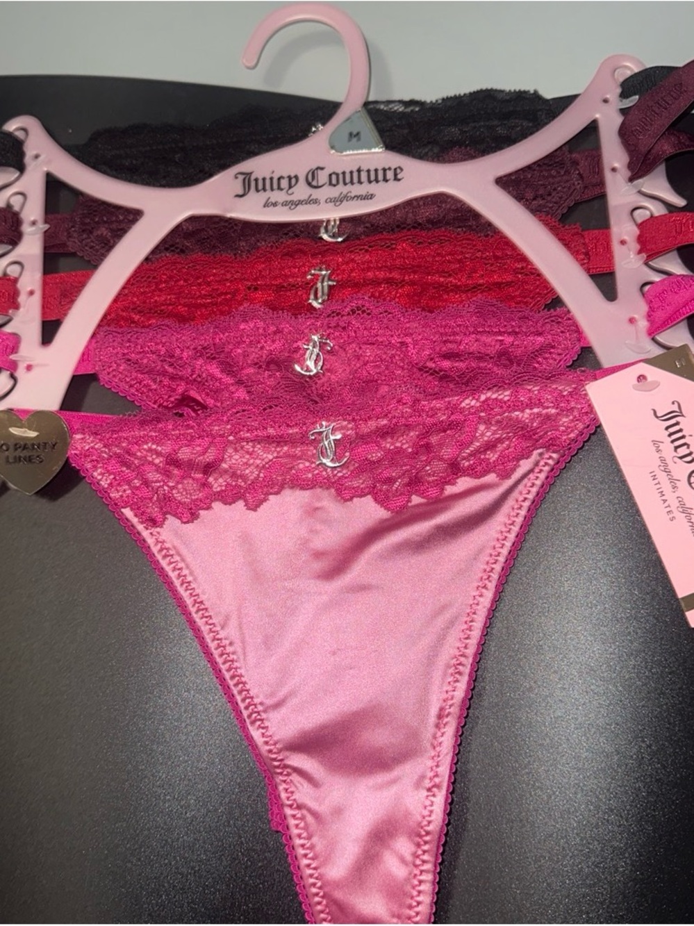 Juicy Couture Pink Satin & Lace Thong with Logo Charms